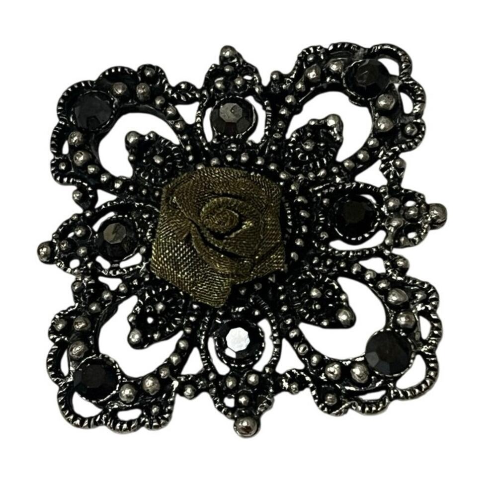 Vintage Silver Rhinestone Brooch with Olive Green Rose|Intricate Floral Pin|EUC
